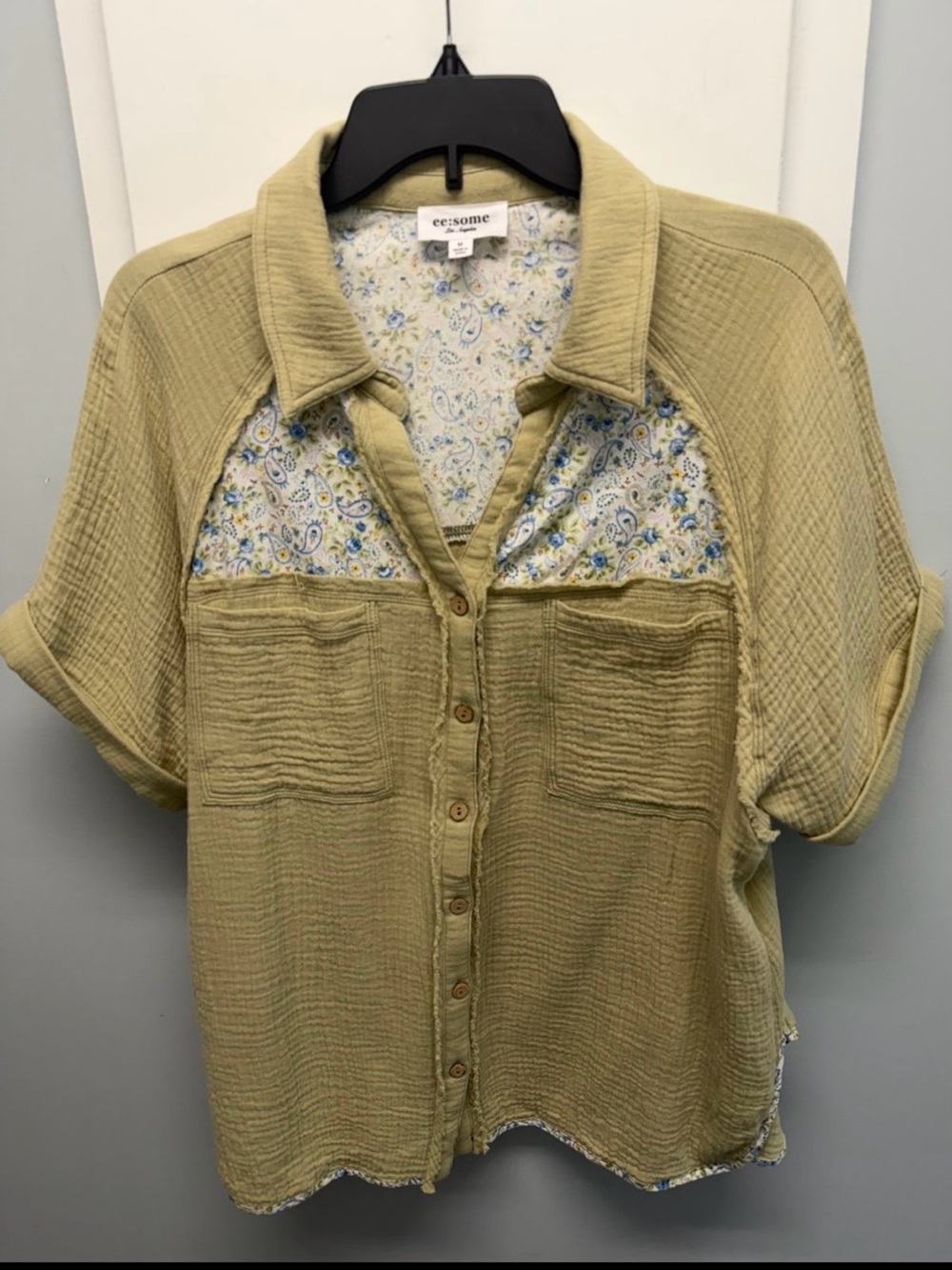 Olive Green Button-Front Short Sleeve Top with Floral Yoke by ee:some